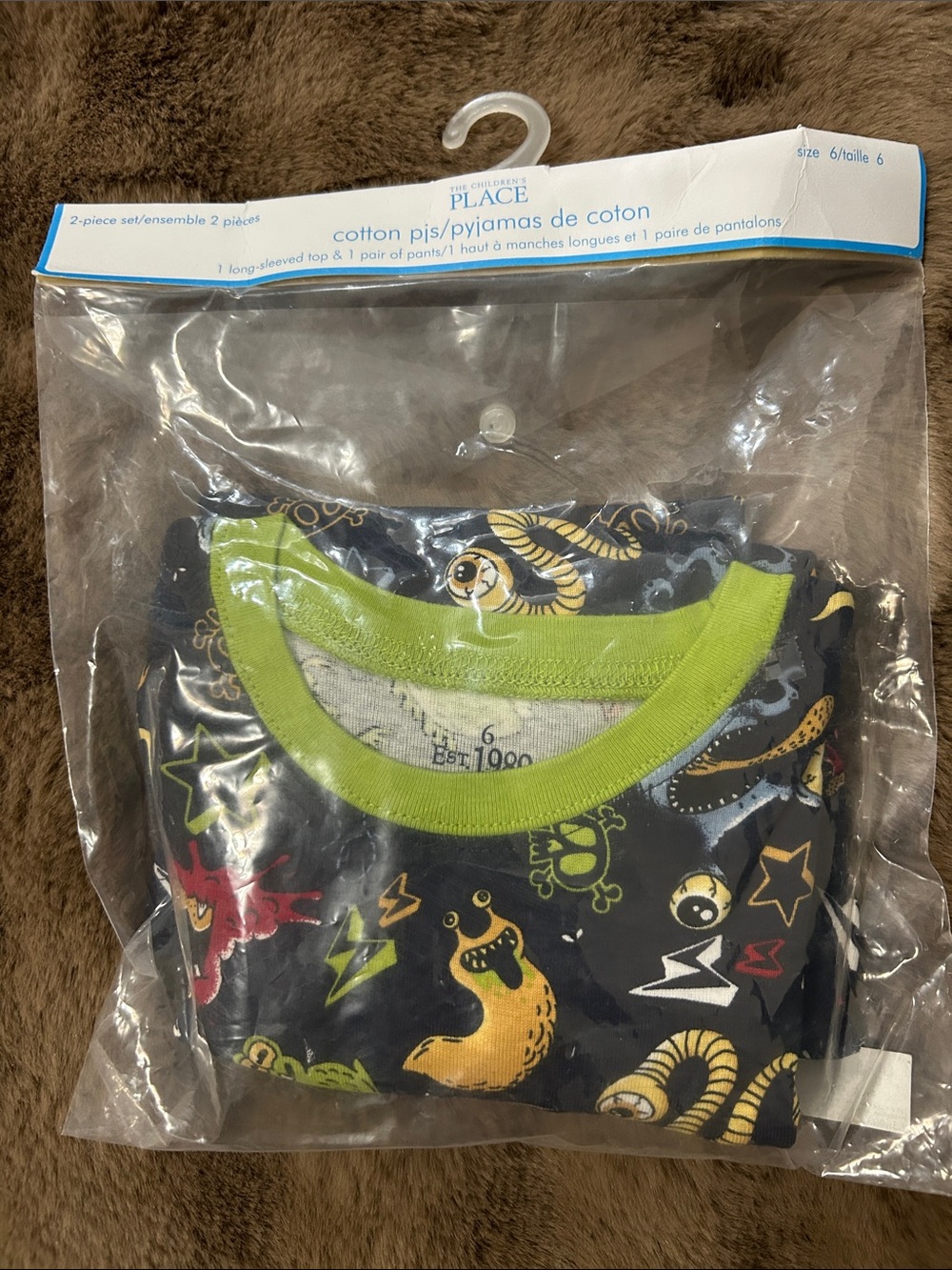 The Children's Place Navy Monster Print Cotton Pajama Set with Lime Trim